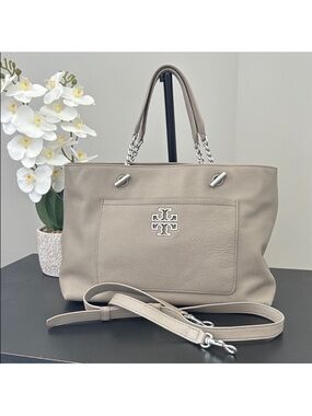 Tory Burch Taupe Pebbled Leather Tote with Chain Handles
